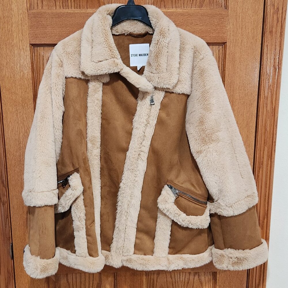 STEVE MADDEN Women's XL Cognac Faux Suede Shearling Heavyweight Peacoat Coat NEW - Picture 2 of 7